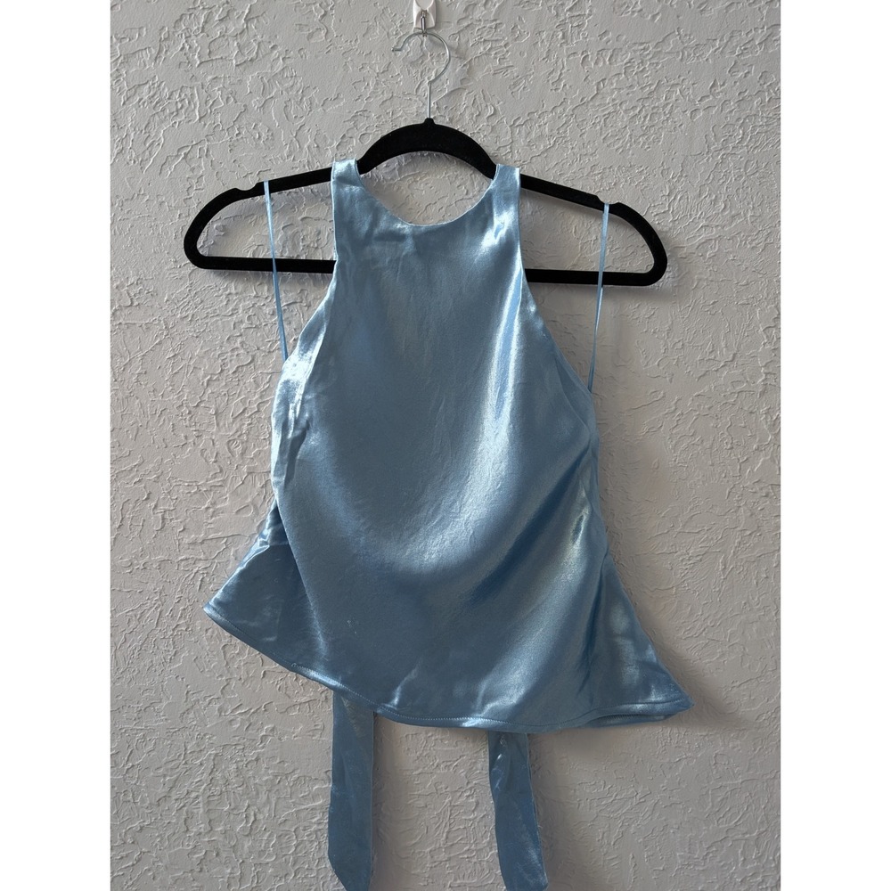 Silence + Noise Halter Top Women XS Polyester Blue Satin Asymmetrical Open Back